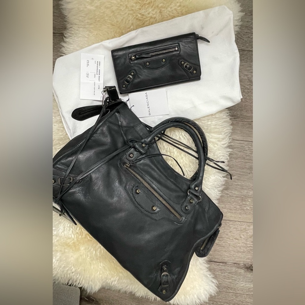 Balenciaga Black Leather Satchel and Wallet